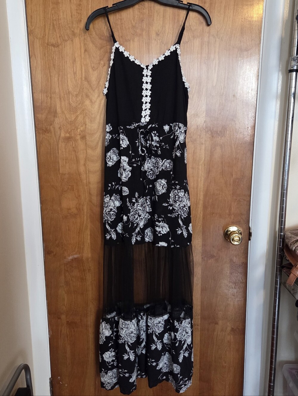 Black Floral Maxi Slip Dress with White Rose Print